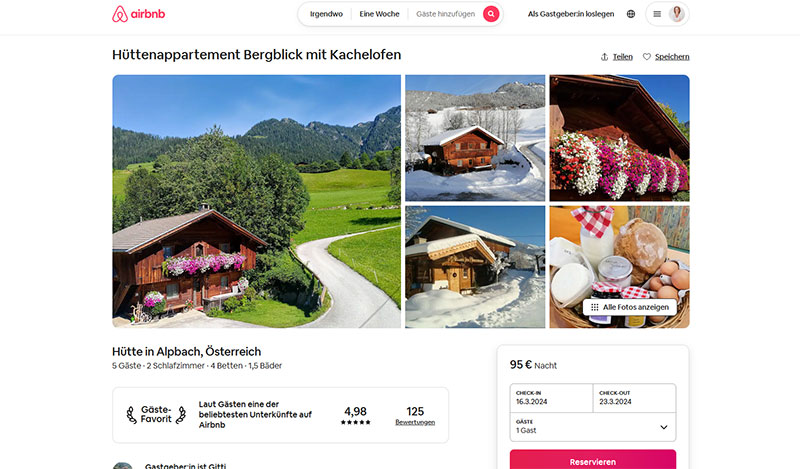 Gutes Webdesign bei Airbnb - alle Unterkünfte haben die gleiche Seitenstruktur.