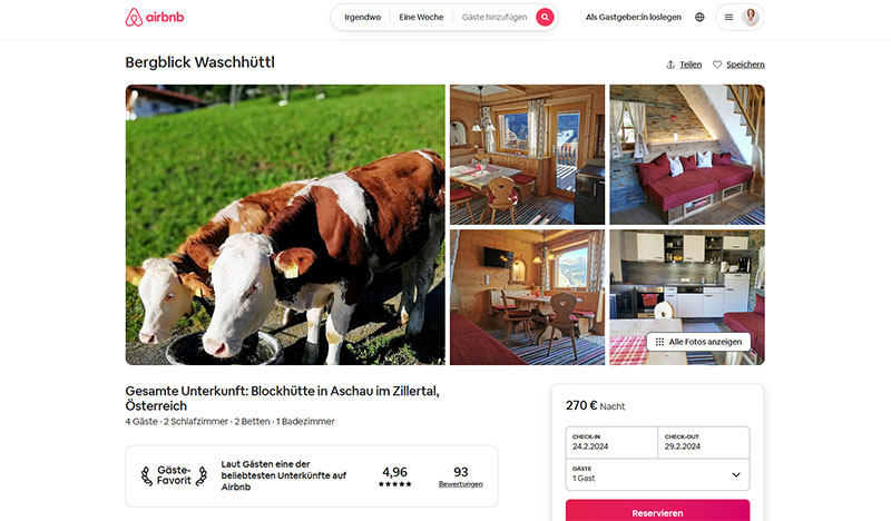 Gutes Webdesign bei Airbnb: Jede Unterkunfts-Seite ist identisch aufgebaut
