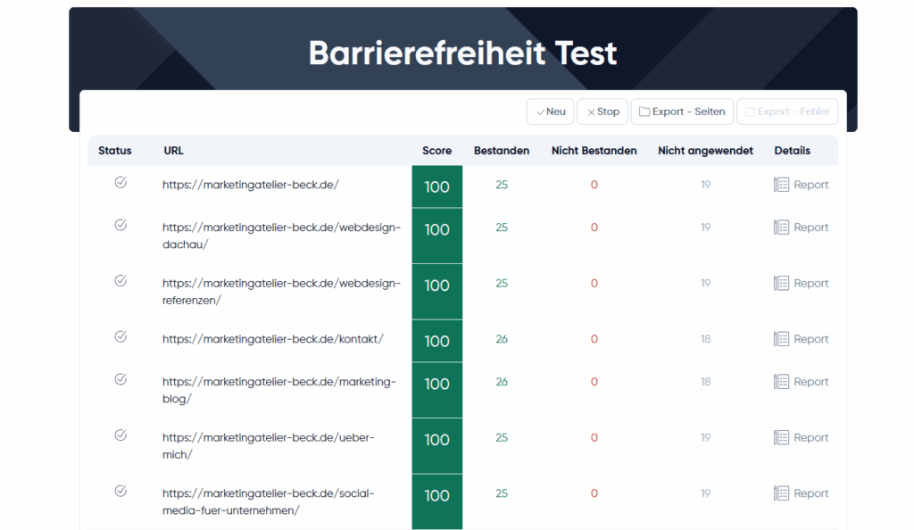Das Bild zeigt das Ergebnis eines Barrierefreiheitstestes - Die Website ist zu 100% barrierefrei.