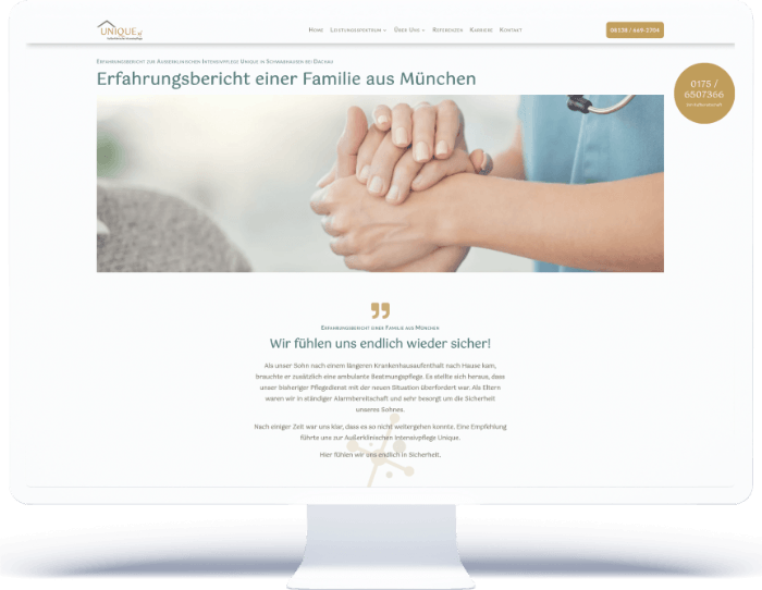 Website für einen Pflegedienst - Hier eine Unterseite mit dem Erfahrungsbericht einer Familie.