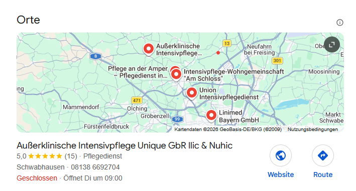 Local Pack Screenshot vom Juli 2026, der die oberste Platzierung der Intensivpflege Unique in Googles Local Pack belegt.